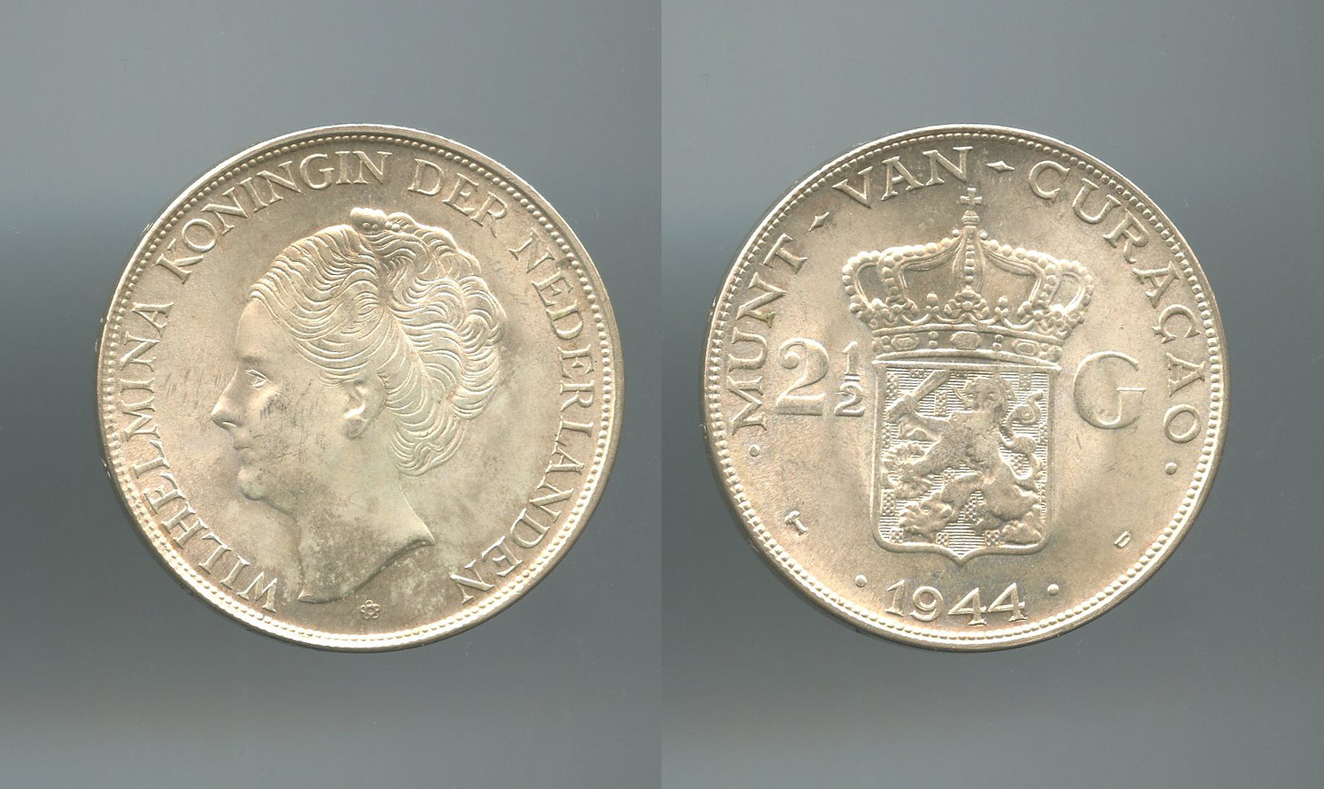 ANTILLE OLANDESI, Curacao, Wilhelmina (1890-1948) 2,5 Gulden 1944 D
