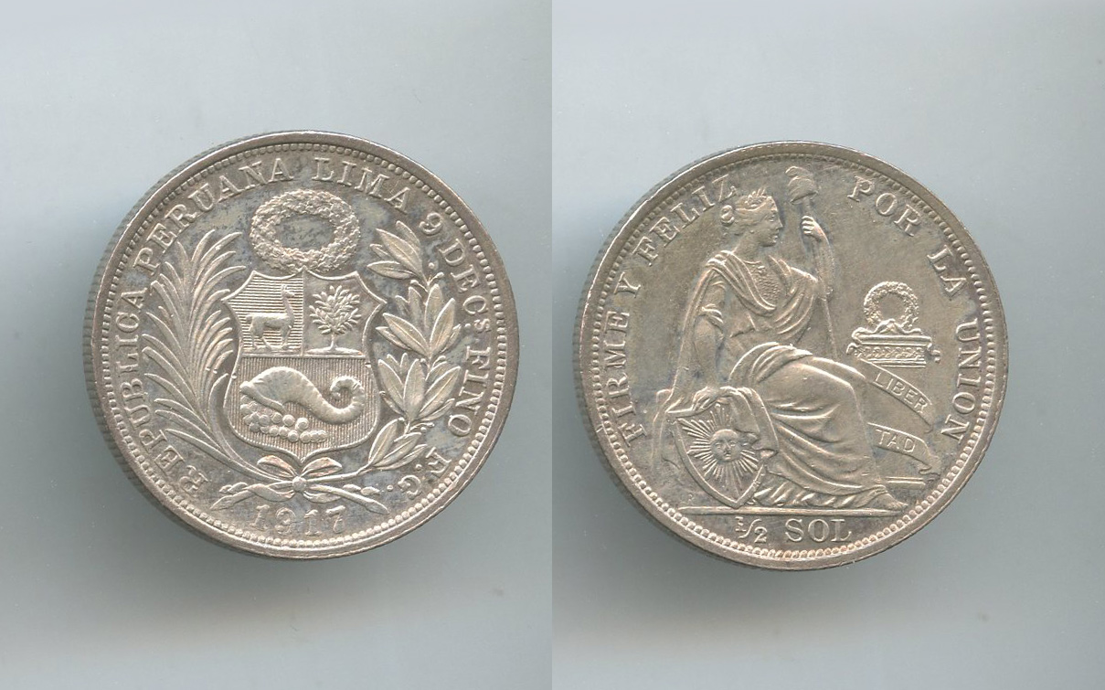 PERU, Repubblica, 1/2 Sol 1917 FG JR