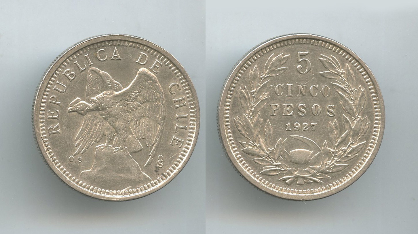 CILE, Republica, 5 Pesos 1927