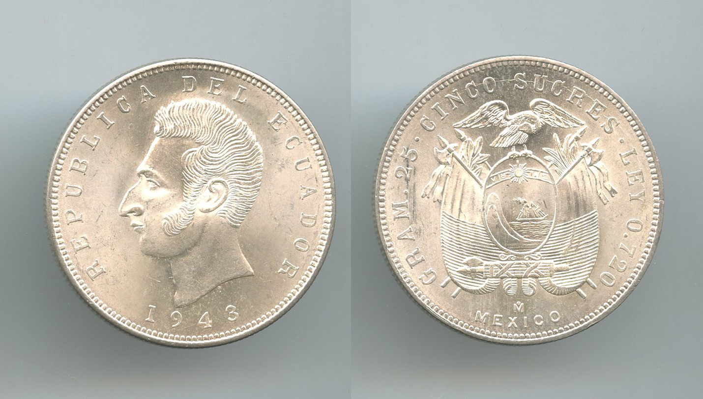 ECUADOR, 5 Sucres 1943
