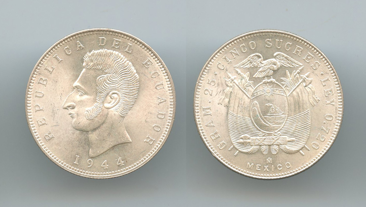 ECUADOR, 5 Sucres 1944