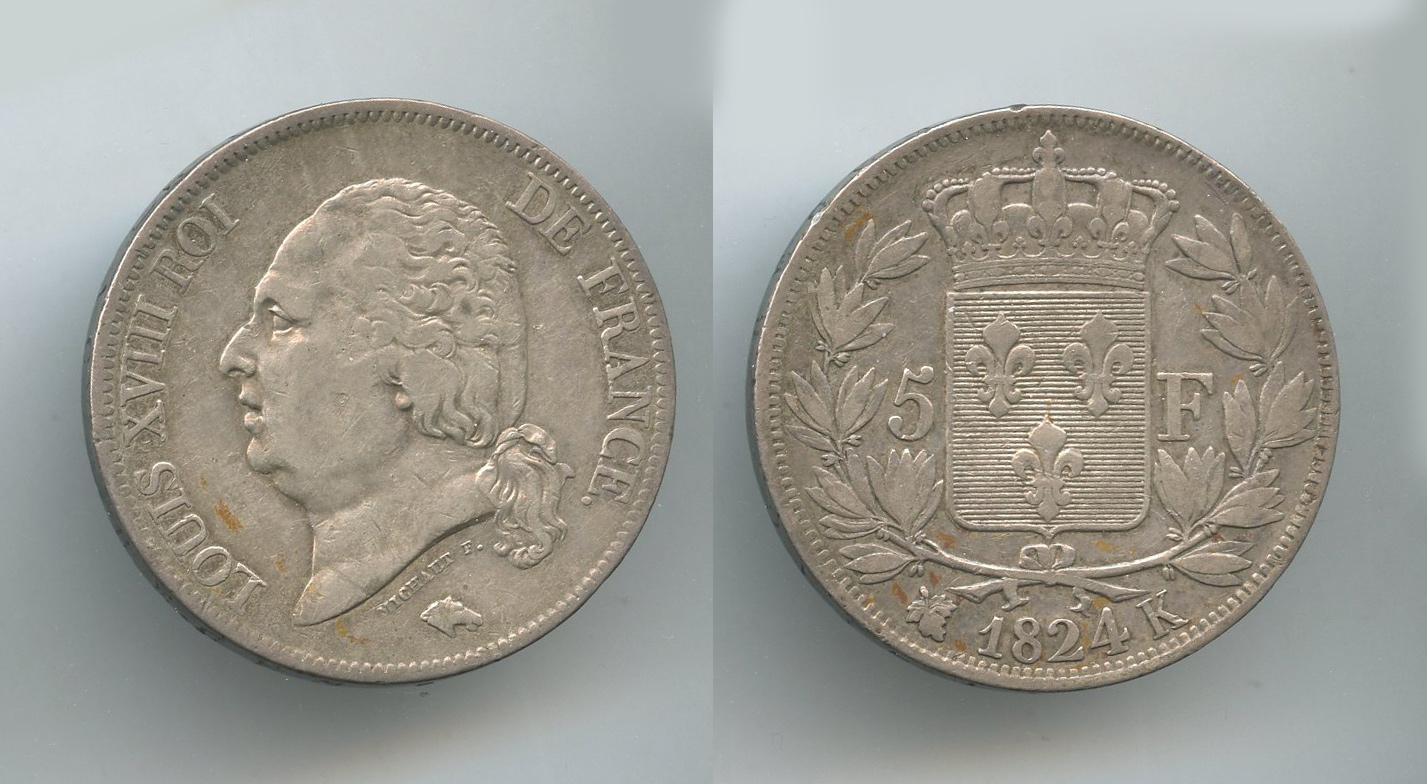 FRANCIA, Louis XVIII (1814-1824) 5 Francs 1824 K