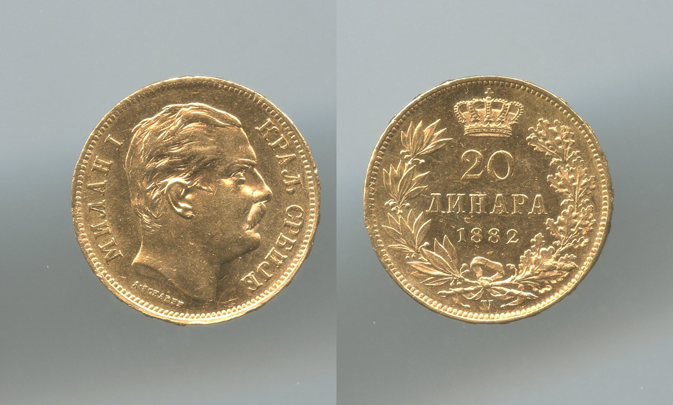 SERBIA, Milan Obrenovich IV (1868-1889) 20 Dinara 1882 SERBIA, Milan Obrenovich IV (1868-1889) 20 Dinara 1882