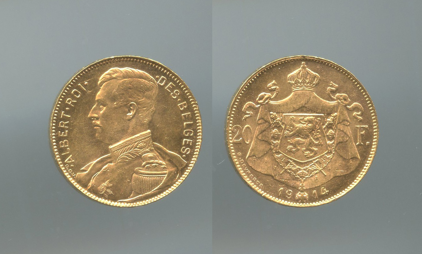 BELGIO, Alberto I (1909-1934) 20 Francs 1914
