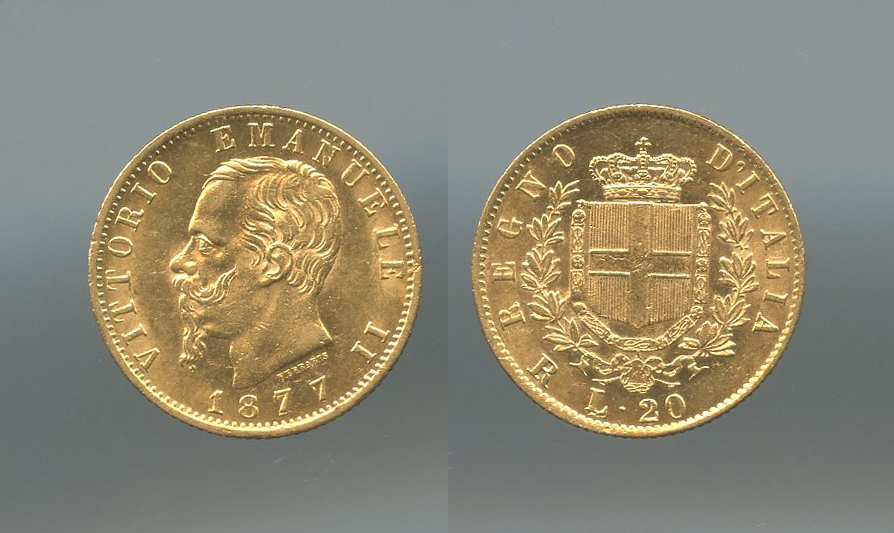 REGNO D' ITALIA, Vittorio Emanuele II (1861-1878) 20 Lire 1877 Roma 7 ribattuto REGNO D' ITALIA, Vittorio Emanuele II (1861-1878) 20 Lire 1877 Roma 7 ribattuto
