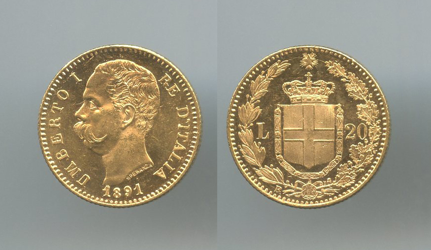 REGNO D' ITALIA, Umberto I (1878-1900) 20 Lire 1891 - 1 Ribattuto REGNO D' ITALIA, Umberto I (1878-1900) 20 Lire 1891 - 1 Ribattuto