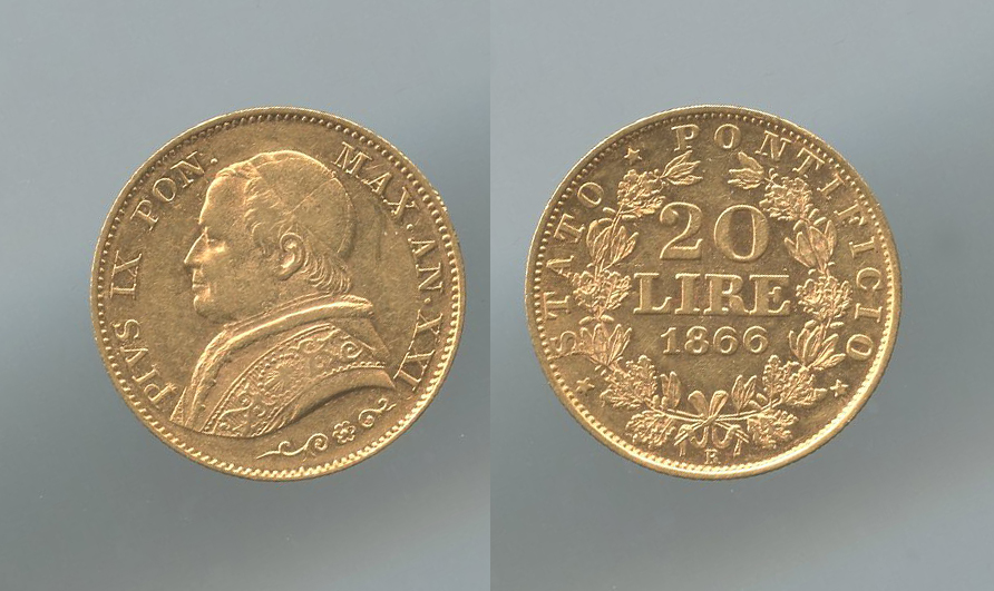 STATO PONTIFICIO, Pio IX (1846-1870) 20 Lire 1866 XXI STATO PONTIFICIO, Pio IX (1846-1870) 20 Lire 1866 XXI