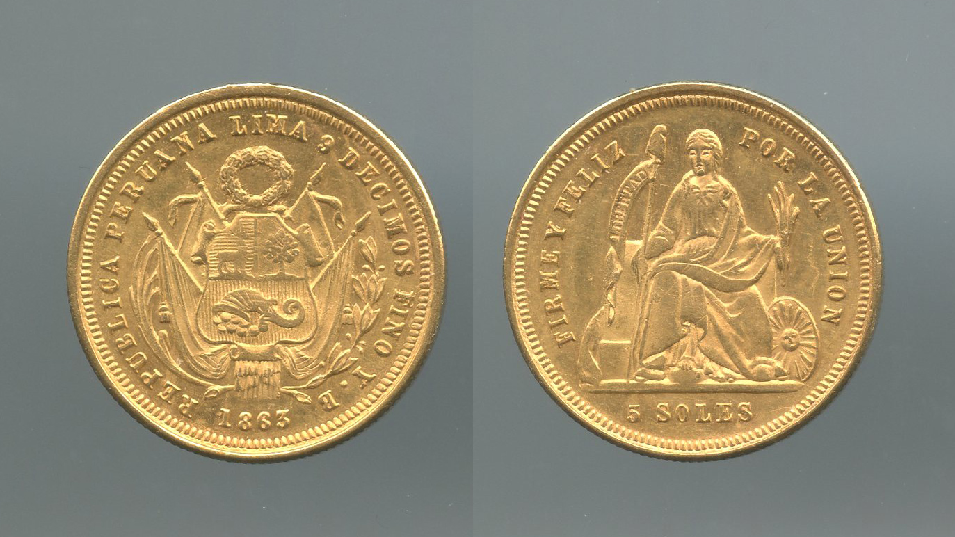 PERU, 5 Soles 1863