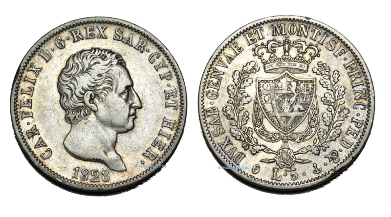 REGNO DI SARDEGNA, Carlo Felice (1821-1831) 5 Lire 1828 Genova
