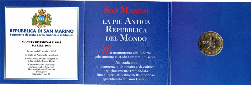 SAN MARINO, 1000 Lire 1997 'Leone Araldico' in confezione originale