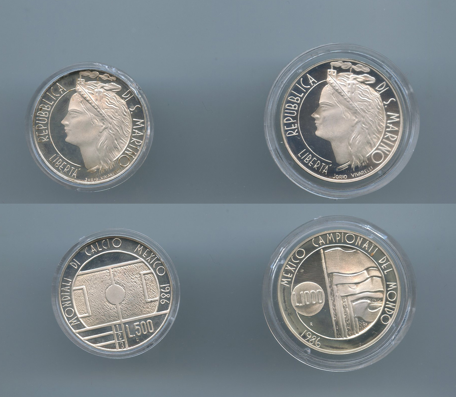 SAN MARINO, Dittico 1000 e 500 Lire 1986 "Mondiali di calcio Messico"