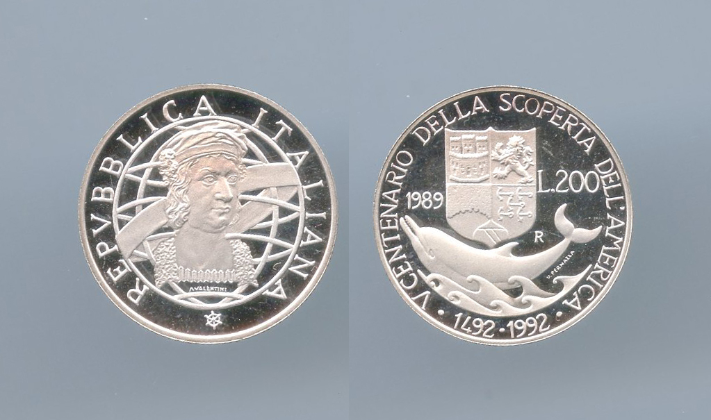 REPUBBLICA ITALIANA, 200 Lire 1989 "500 anni della Scoperta dell' America - Prima serie"