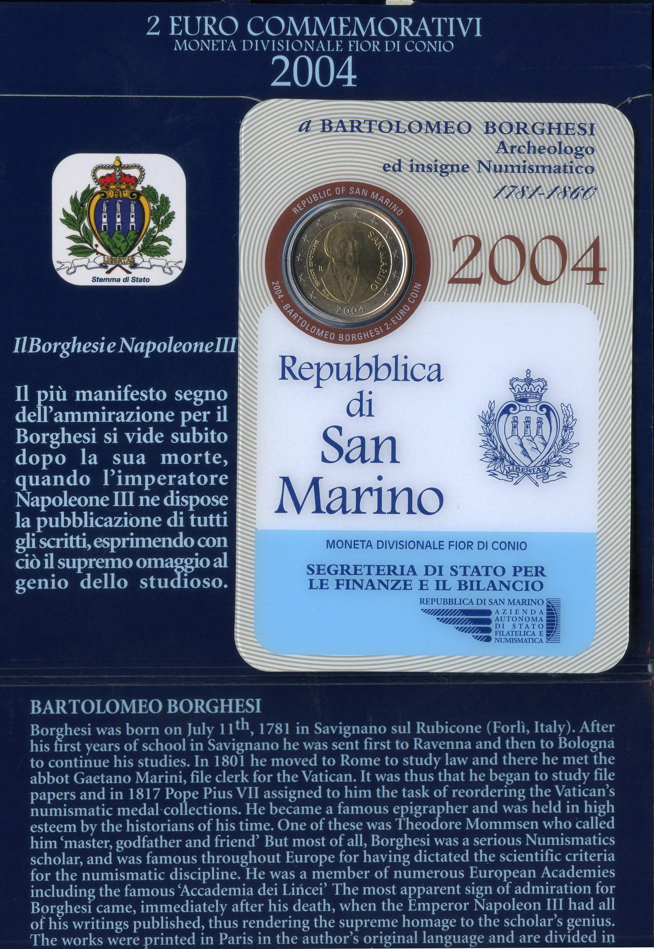 SAN MARINO, 2 Euro 2004 "Bartolomeo Borghesi"